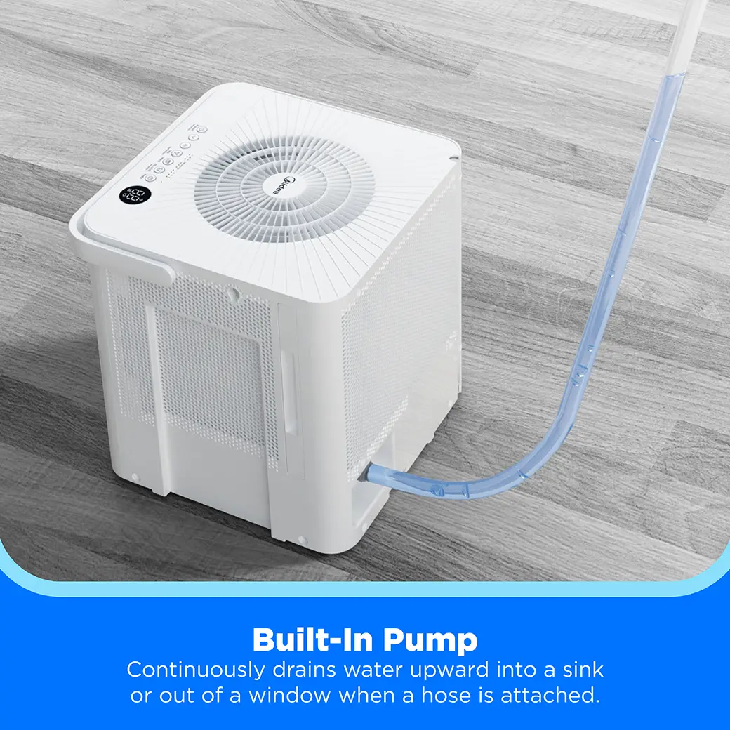 Midea manufacturer graphic showing the MAD50PS1QWT-A and its pump hose.